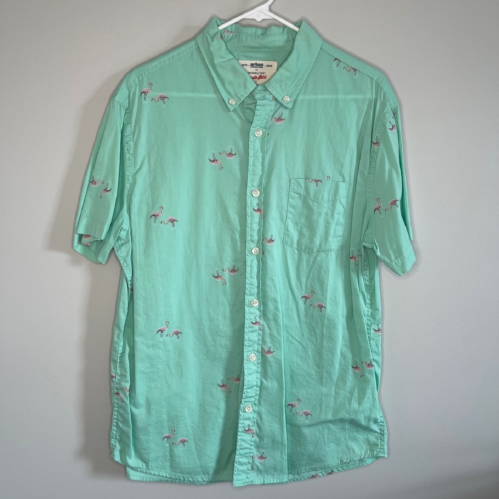 Urban Pipeline Flamingo‎ Print Mint Green Button Down Short Sleeve Mens Large